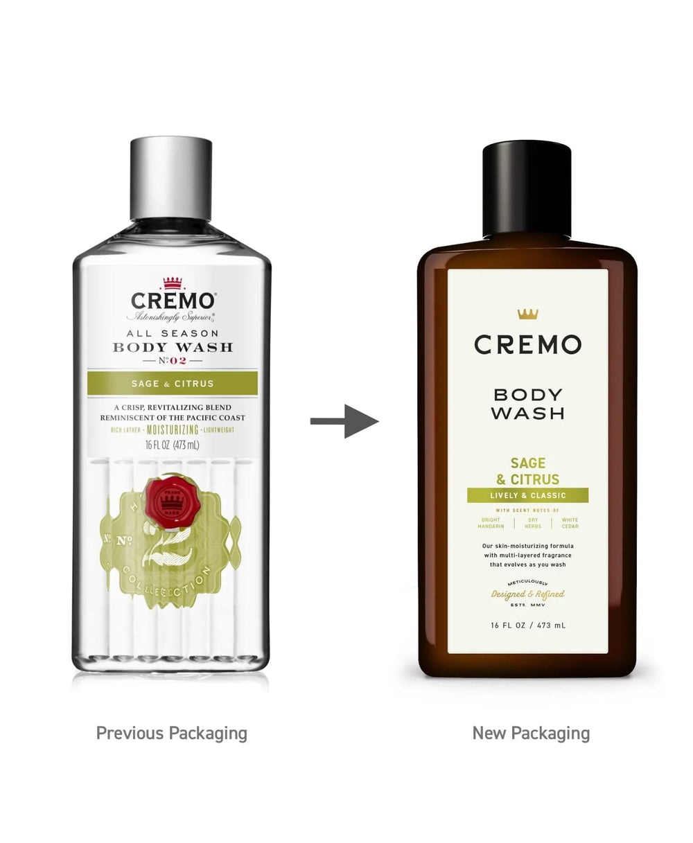 Cremo All Season Body Wash Sage & Citrus hand lather demonstrating rich foam