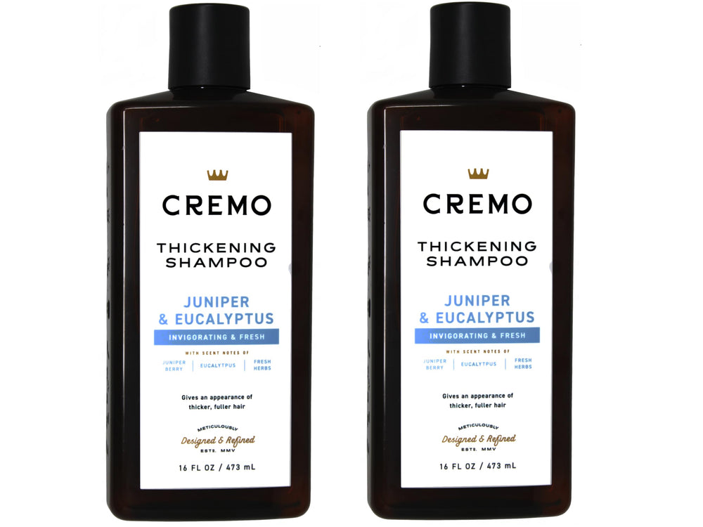 Cremo Barber Grade juniper eucalyptus shampoo bottle boosts volume