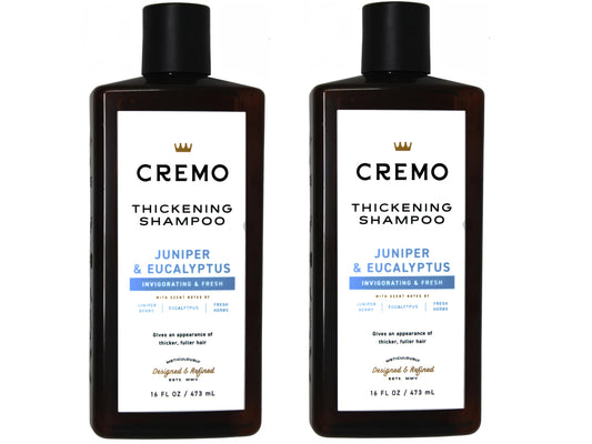 Cremo Barber Grade juniper eucalyptus shampoo bottle boosts volume
