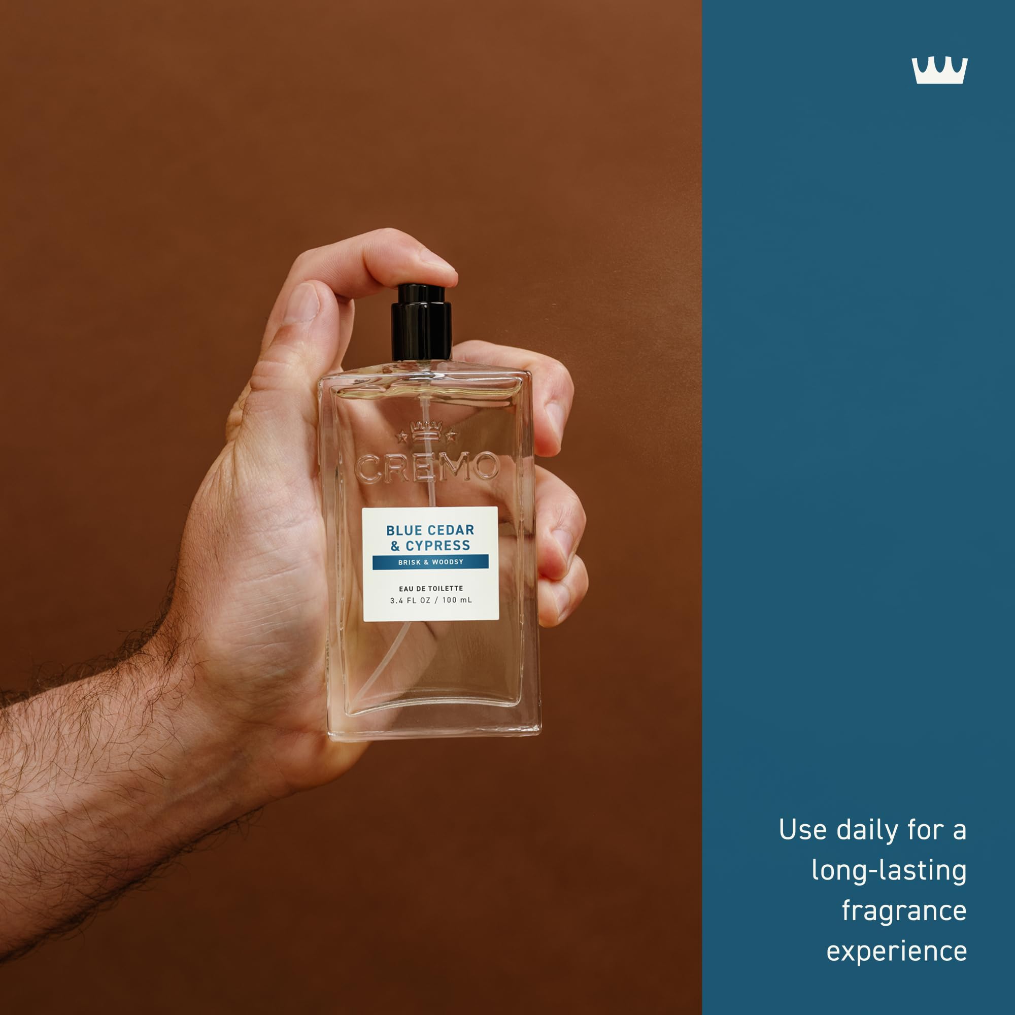 Product shot of Cremo Blue Cedar & Cypress multi-layered fragrance