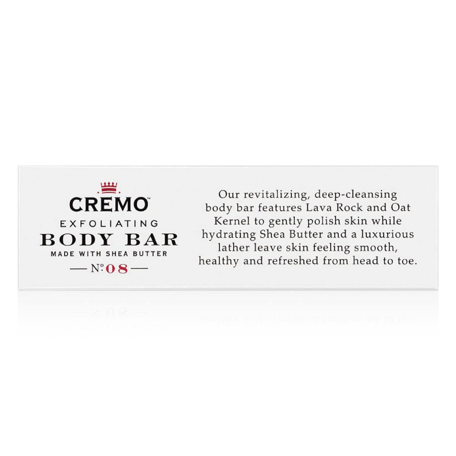 Cremo Bourbon and Oak exfoliating bar with rich lather and shea butter