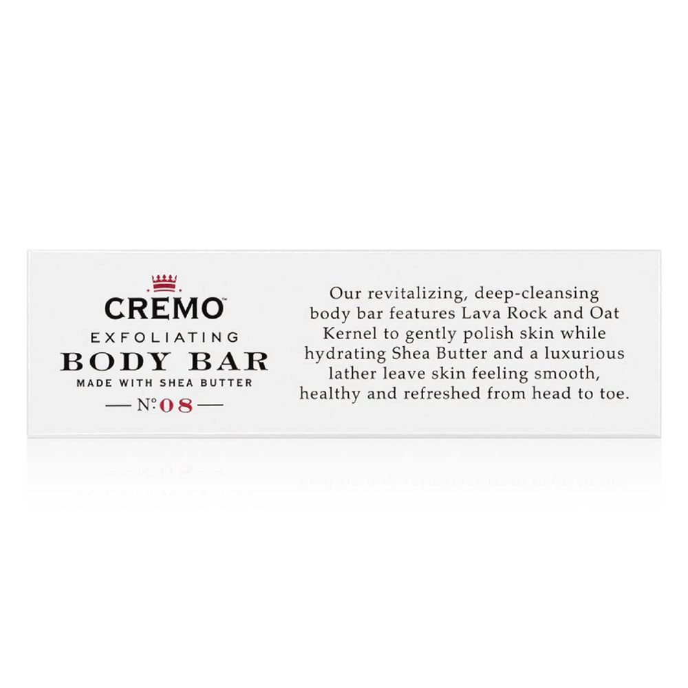 Cremo Bourbon and Oak exfoliating bar with rich lather and shea butter
