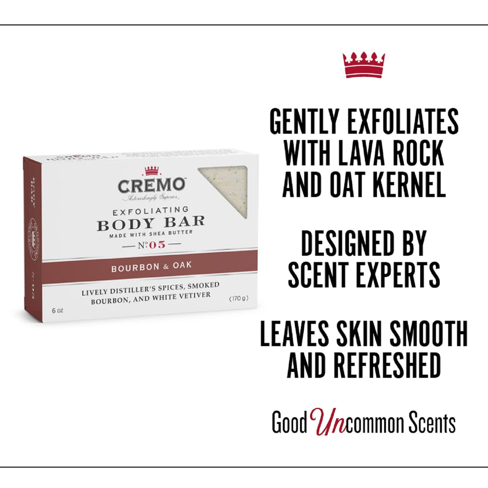 Cremo Bourbon and Oak exfoliating bar stacked for premium boutique feel
