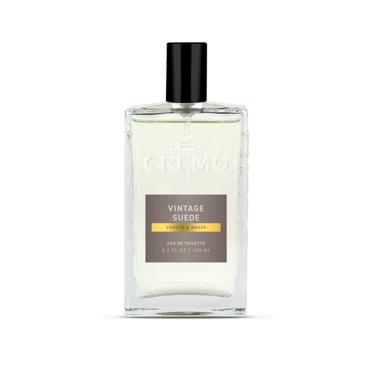 Cremo Vintage Suede bottle front view, ideal for daily wear.
