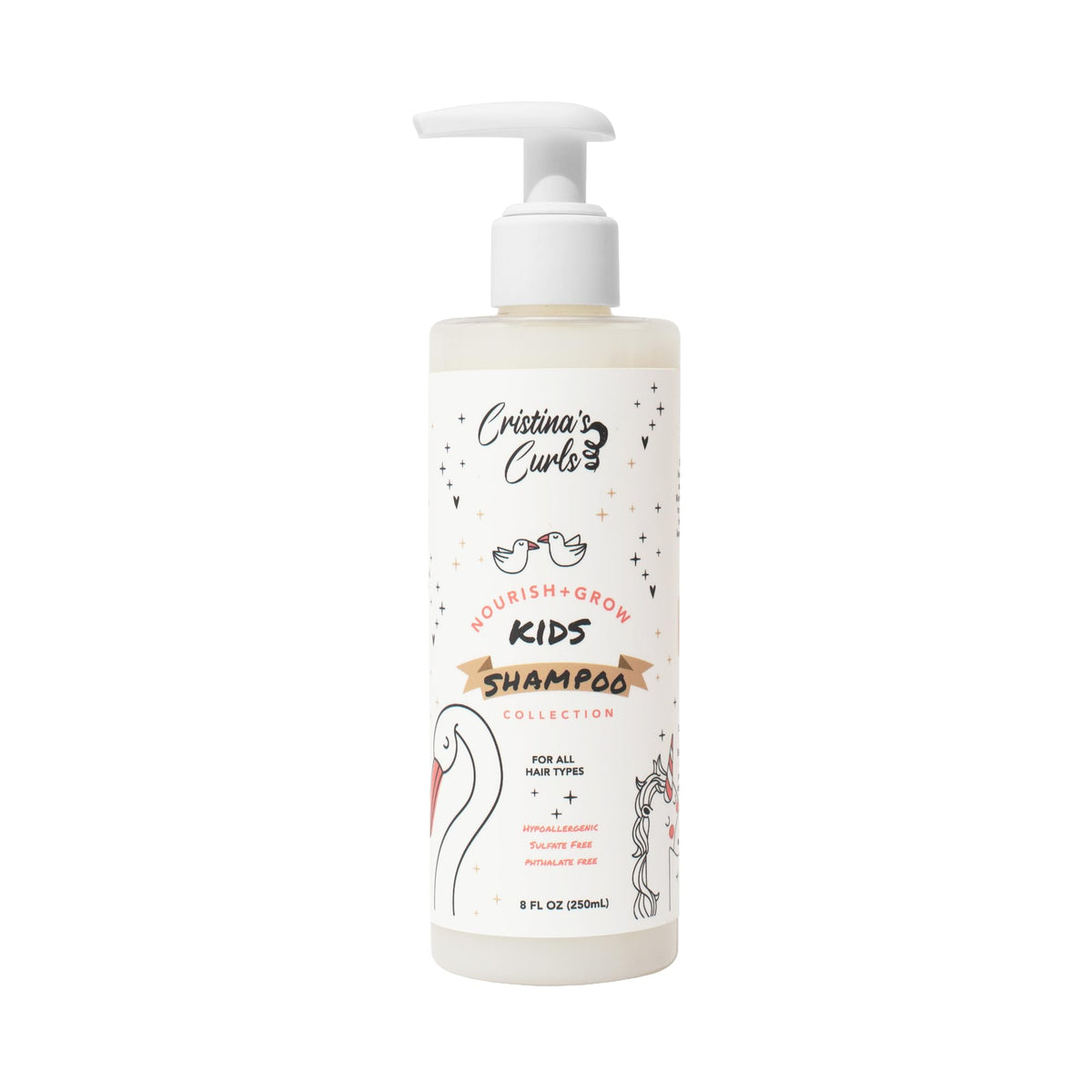 Cristina's Curls Kids Shampoo bottle pour shows gentle cleansing for young hair.
