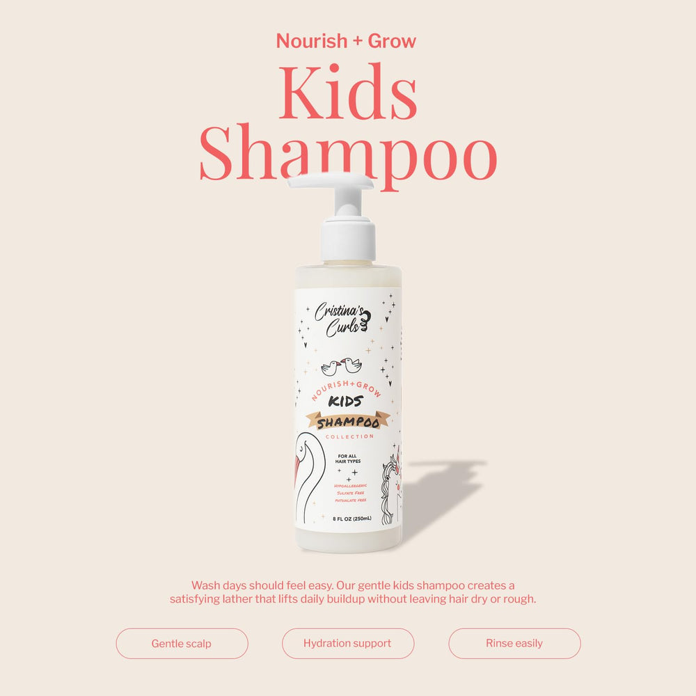Cristina's Curls Kids Shampoo lather close-up highlights sulfate-free, kid-friendly cleansing.