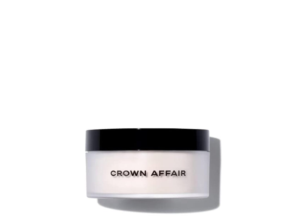 CROWN AFFAIR Dry Shampoo bottle pour showing oil absorption for refreshed roots.