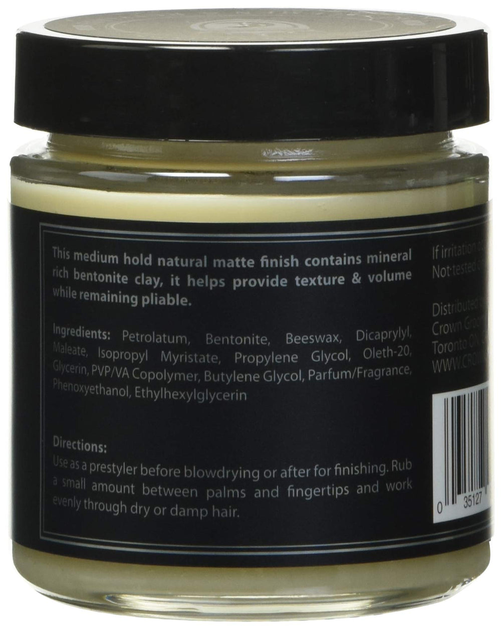 Crown Shaving Hippie Killer Matte Styling Clay jar close-up with label and ingredients.