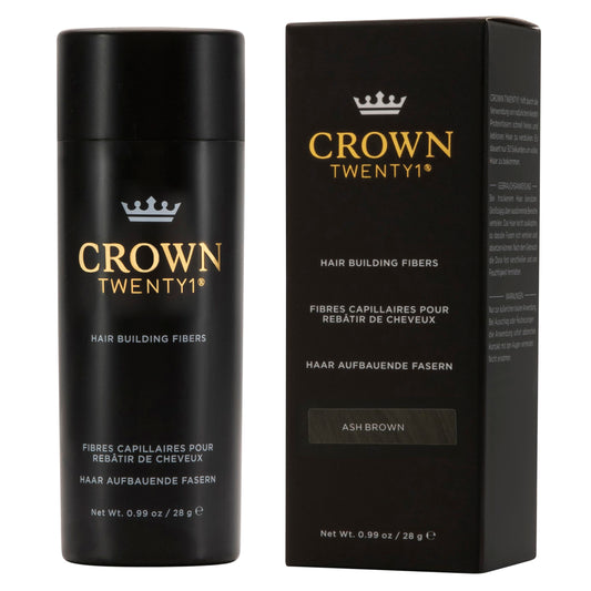 CROWN TWENTY1 Hair Fibers ash brown in pack for quick concealment.