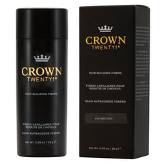 CROWN TWENTY1 Hair Fibers ash brown in pack for quick concealment.
