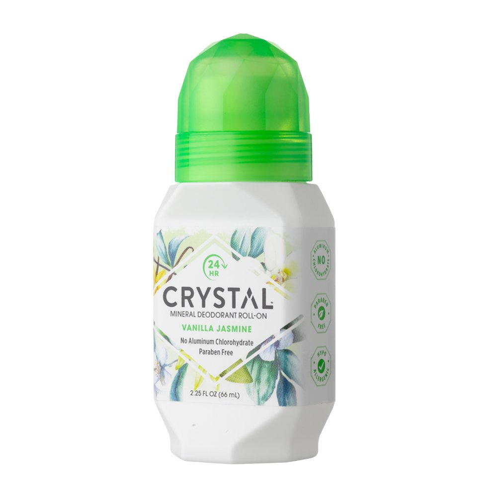 Crystal Essence aluminum-free formula badge on packaging indicates odor-control.