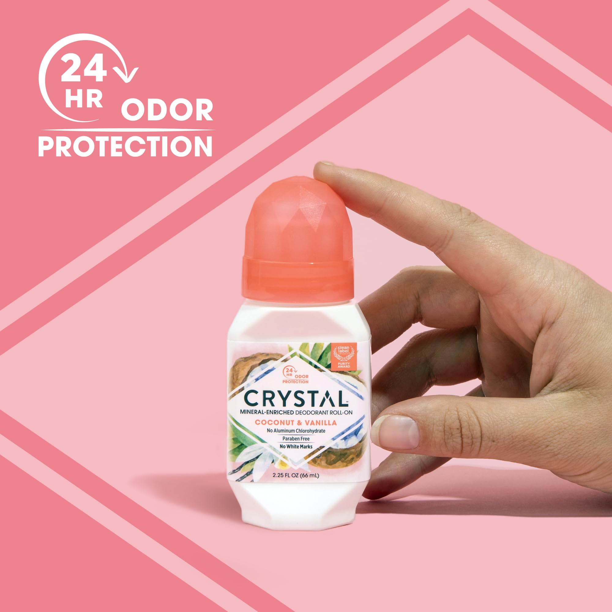 Crystal Essence Clean Label Purity Award badge on packaging.