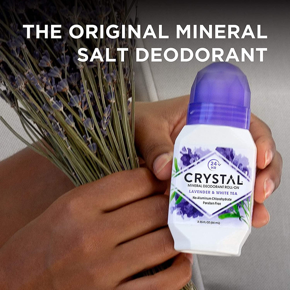 Crystal Essence mineral deodorant barrier concept with clean packaging.