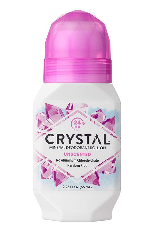 Crystal Essence crystal body deodorant roll-on bottle closeup, unscented mineral formula for all-day odor protection.