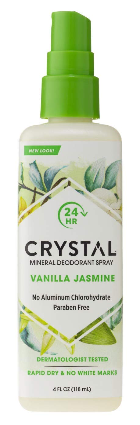 Crystal Essence Crystal Deodorant Spray Vanilla Jasmine bottle, quick-drying and touch-free.