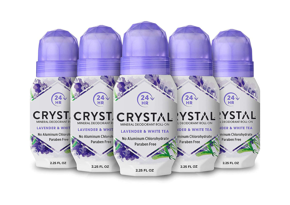 Crystal Essence Lavender and White Tea roll-on bottle ready for use.