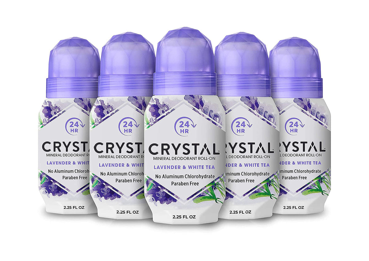 Crystal Essence Lavender and White Tea roll-on bottle ready for use.