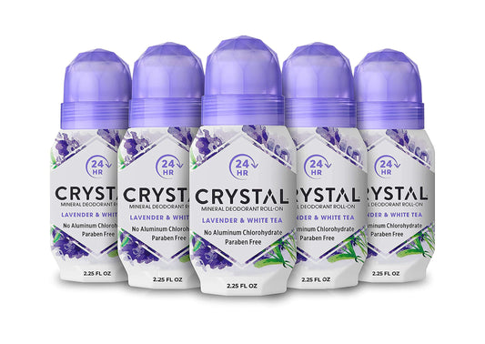 Crystal Essence Lavender and White Tea roll-on bottle ready for use.