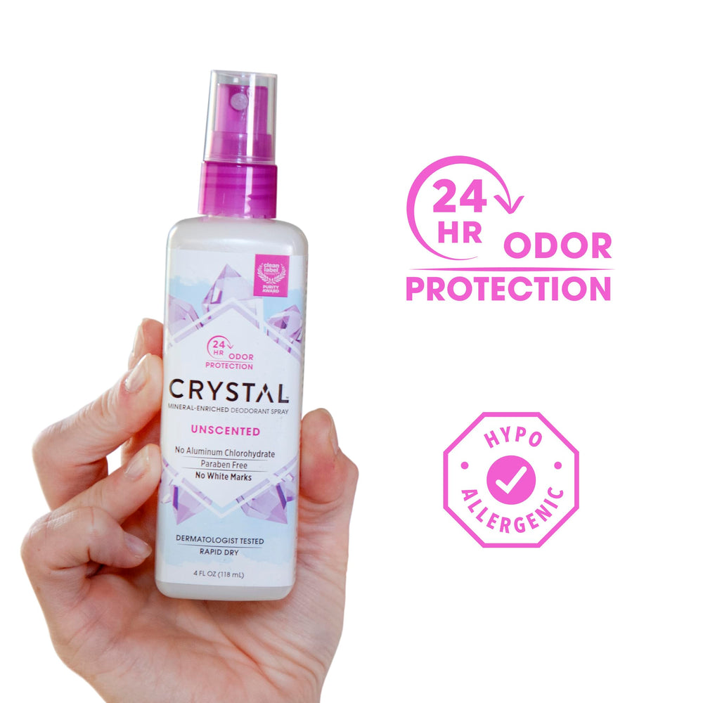 Crystal Essence Mineral Deodorant Spray on feet for quick-drying odor protection.