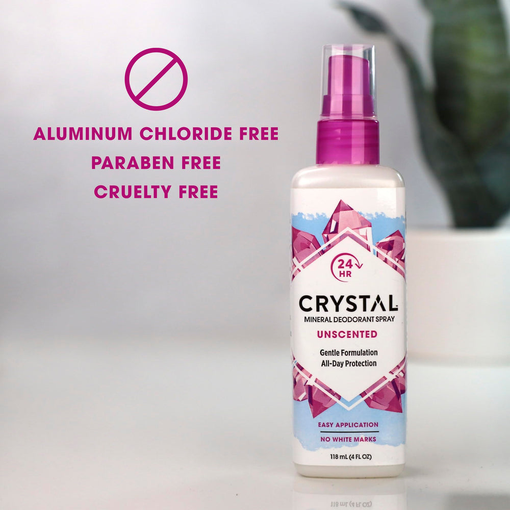 Crystal Essence Mineral Deodorant Spray on clothing for lasting freshness.