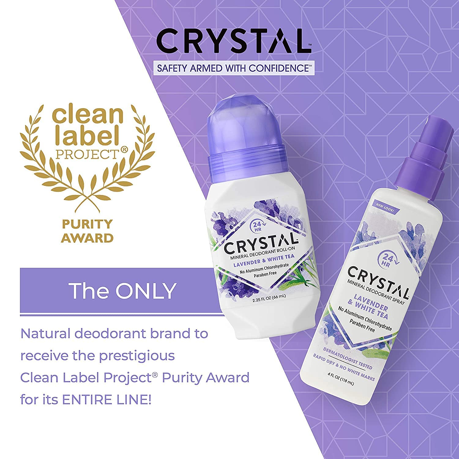 Crystal Essence packaging highlights Lavender and White Tea benefits.