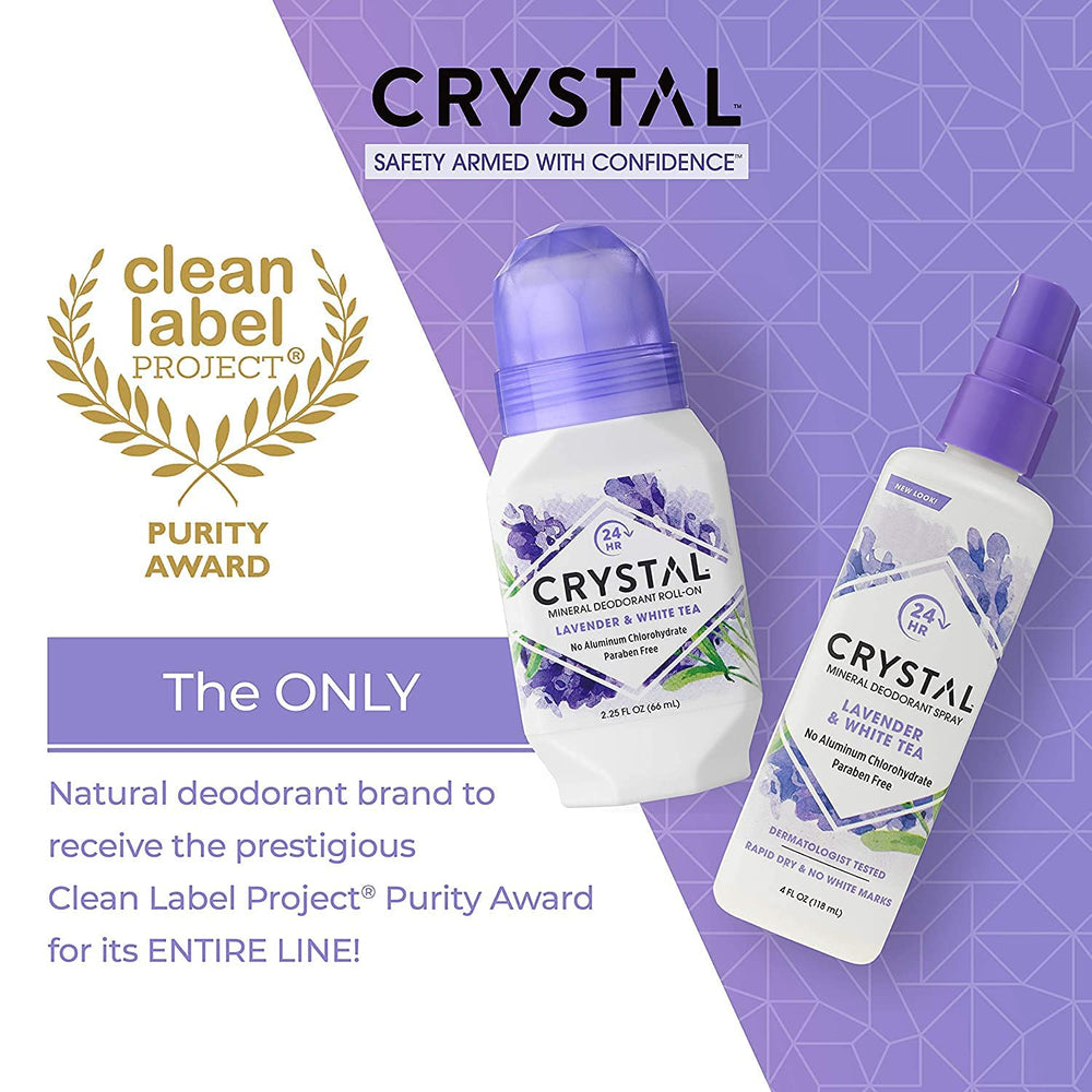 Crystal Essence packaging highlights Lavender and White Tea benefits.
