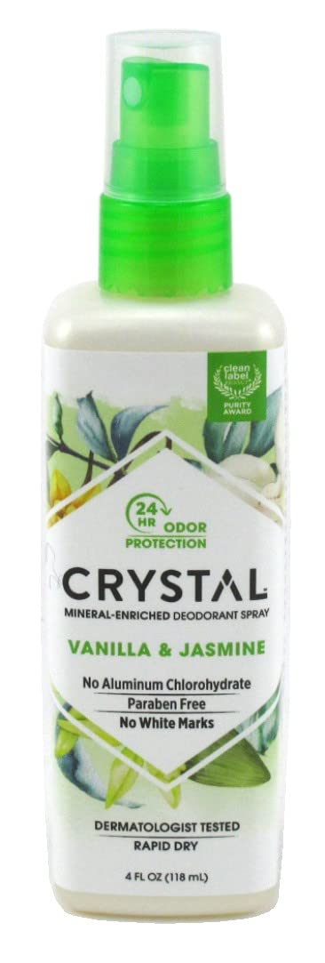 Crystal Essence Vanilla Jasmine deodorant spray bottle close-up showing fragrance and quick protection.