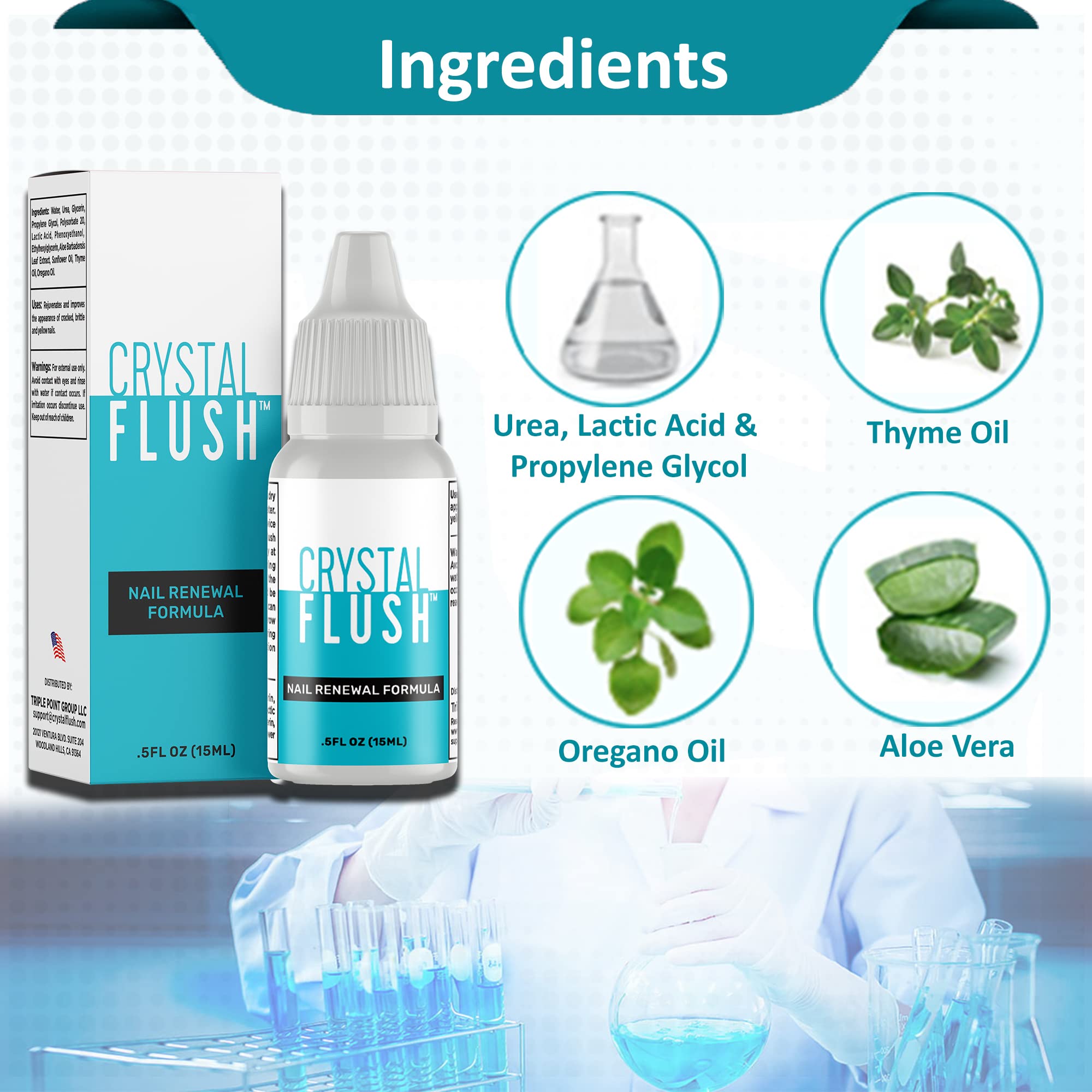 Crystal Flush Nail Renewal serum beside bottle for comprehensive nail care.