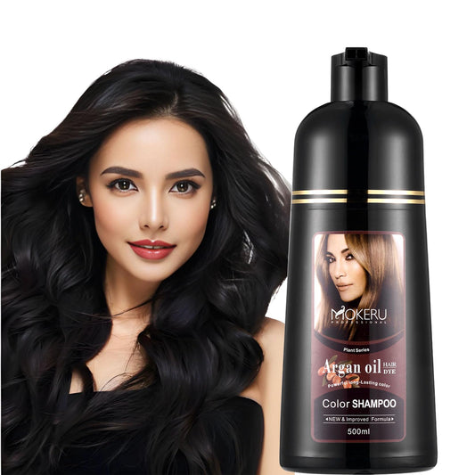 CSFDXD Natural Black Hair Dye Shampoo bottle pouring for quick gray coverage