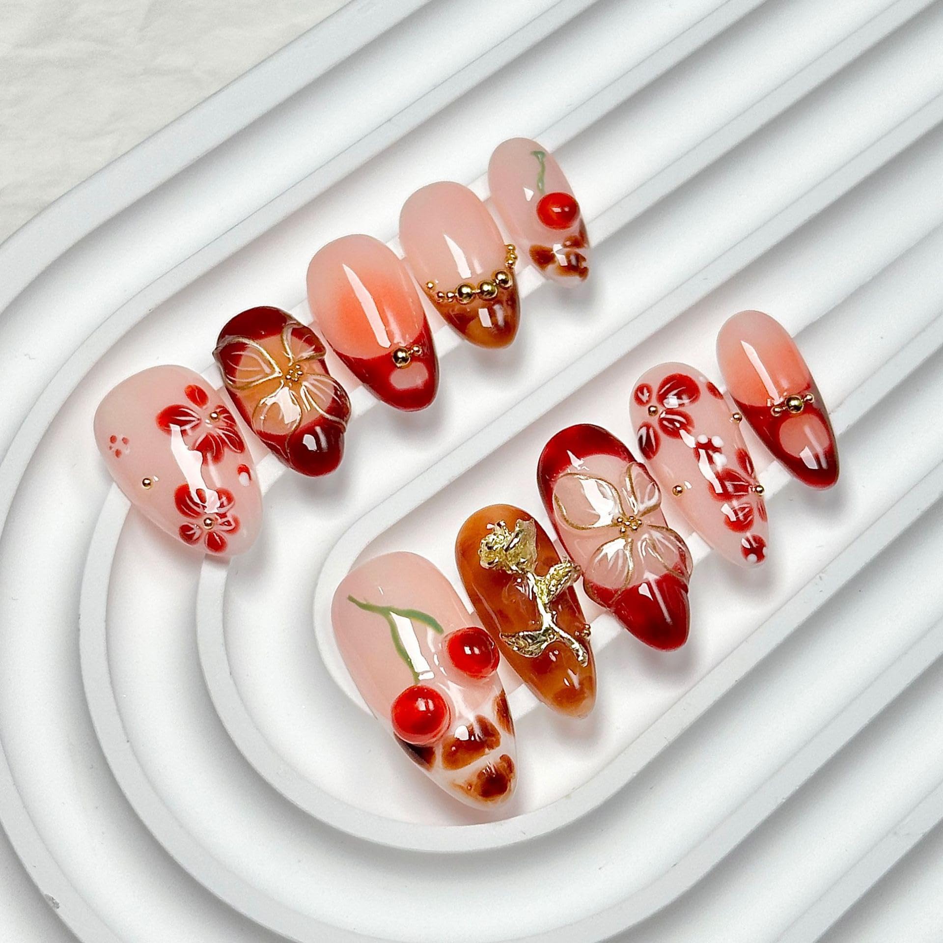 CTTHNBD Almond Press On Nails with 3D gold flower for a chic winter cherry look