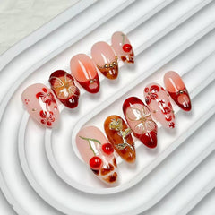 CTTHNBD almond press-on nails medium with 3D gold flowers for a quick chic manicure