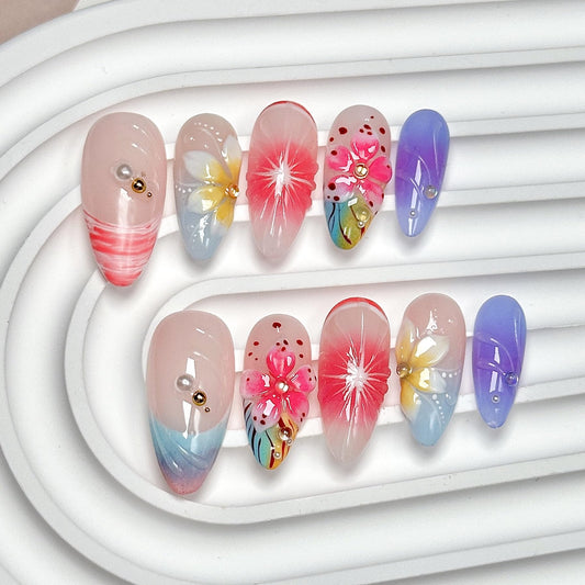 CTTHNBD Medium Almond press-on nails with colorful flower design for quick, stylish manicures.