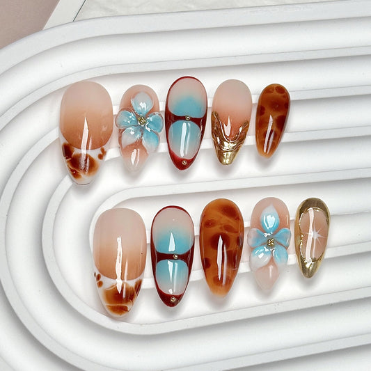 CTTHNBD almond press on nails with flower gold line in ombre brown finish