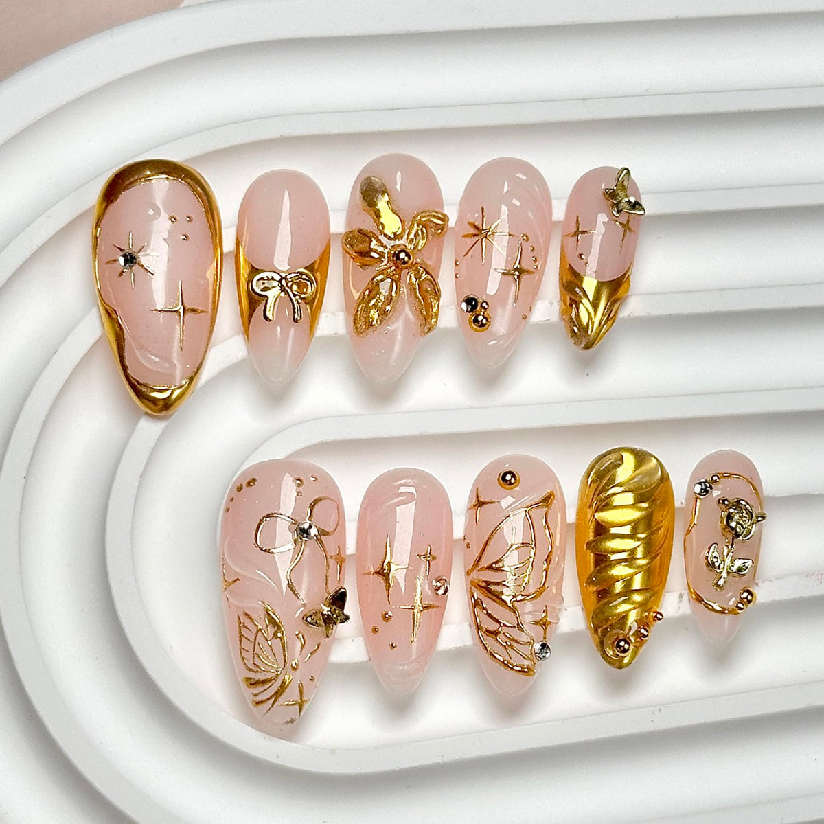 CTTHNBD almond press on nails with gold flower bow for stylish at-home manicure