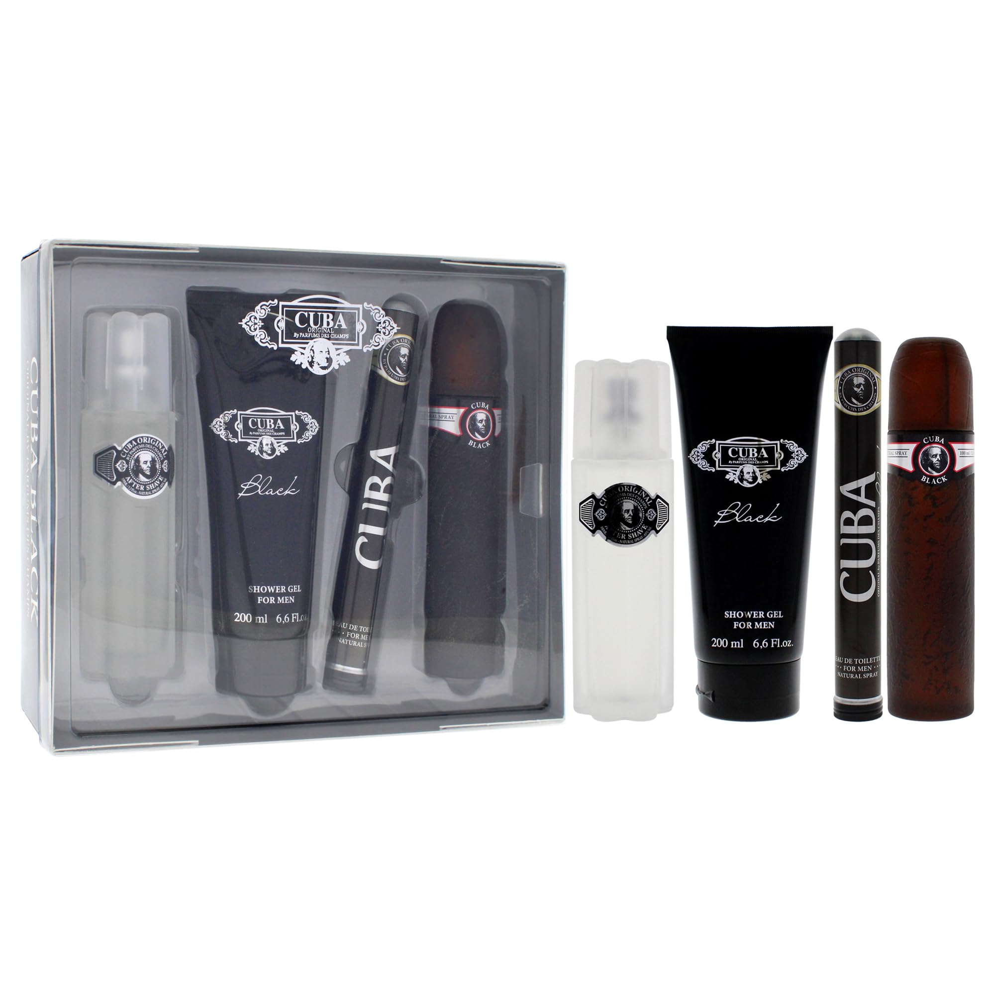 Cuba Cuba Black Men 4 Pc Gift Set after shave bottle on display for grooming