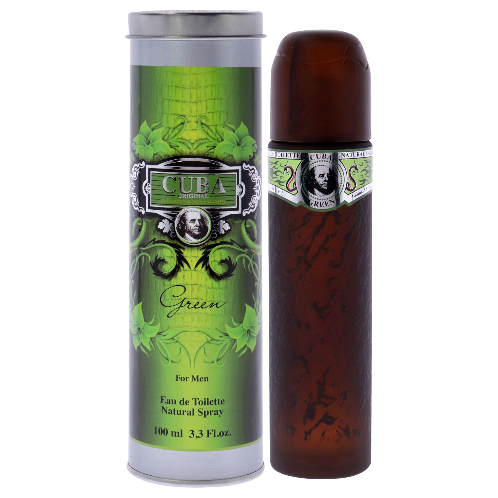 Cuba Green for Men bottle front shows a bold design suited for evening wear