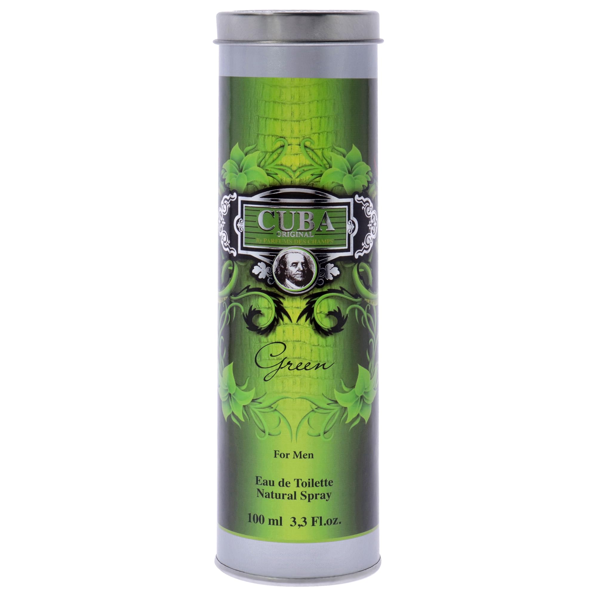 Cuba Green for Men packaging showcases the compact 3.3 oz EDT bottle