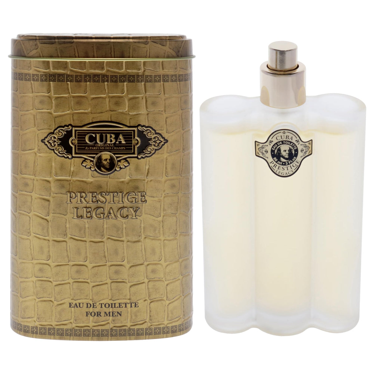 Cuba Prestige Legacy bottle front view, refined masculine fragrance for daily wear.