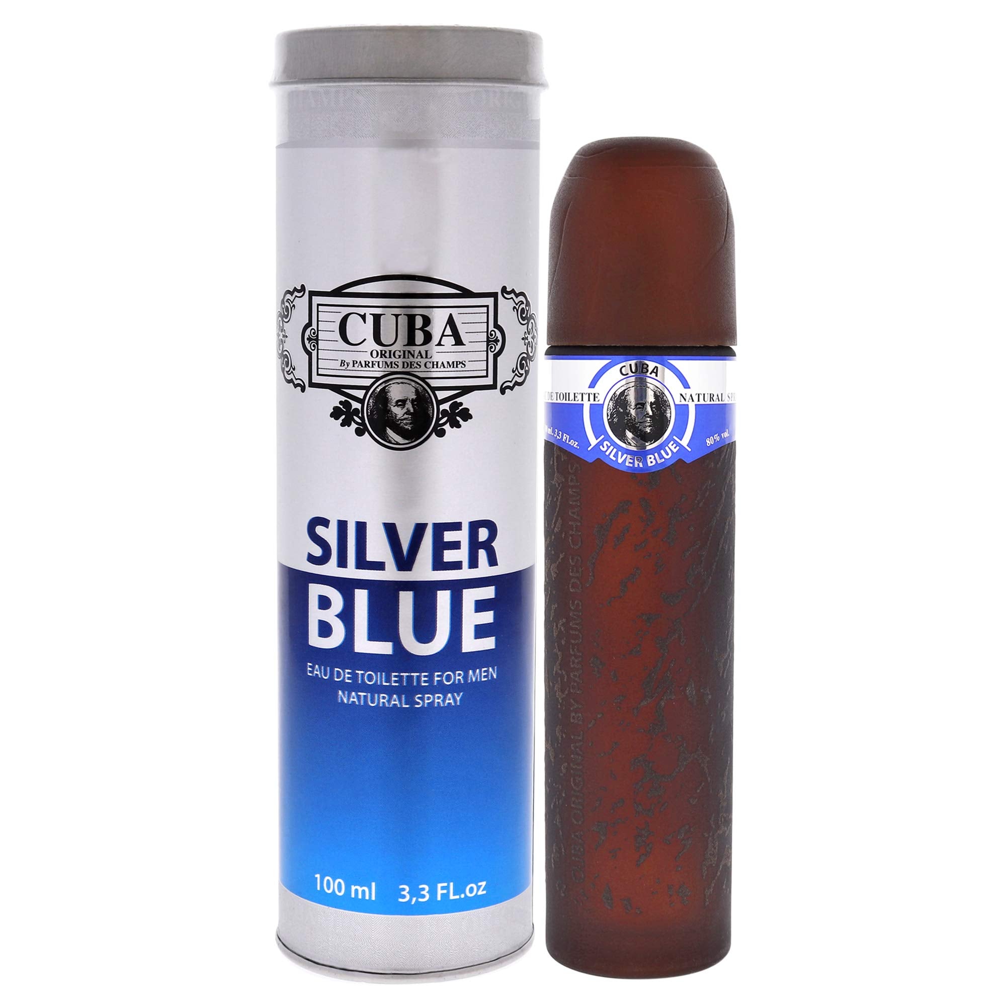 Cuba Silver Blue bottle closeup shows a versatile masculine scent for daily wear