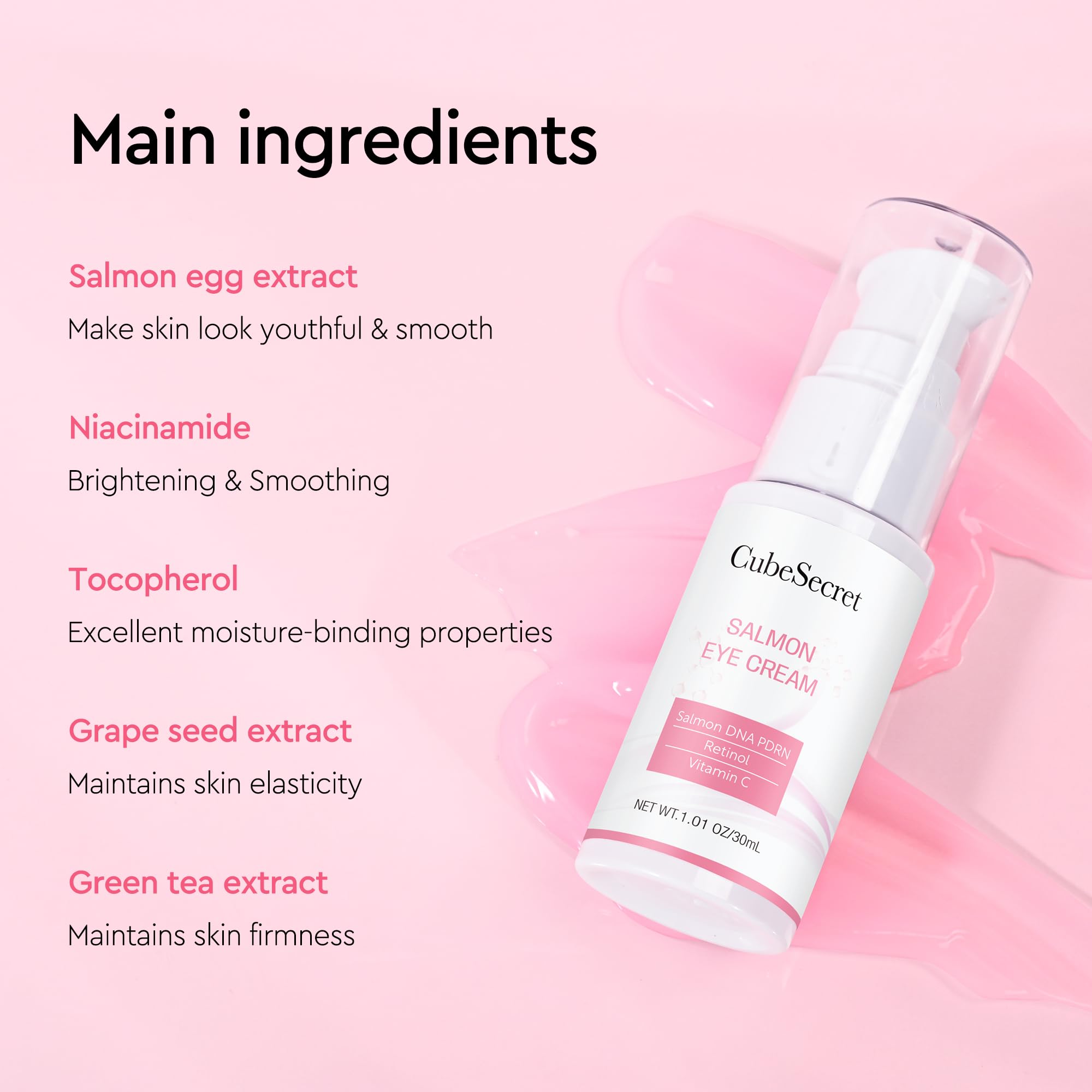 CubeSecret Salmon DNA PDRN Eye Serum packaging showing premium formula for brighter under-eye skin