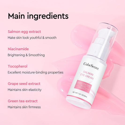 CubeSecret Salmon DNA PDRN Eye Serum packaging showing premium formula for brighter under-eye skin