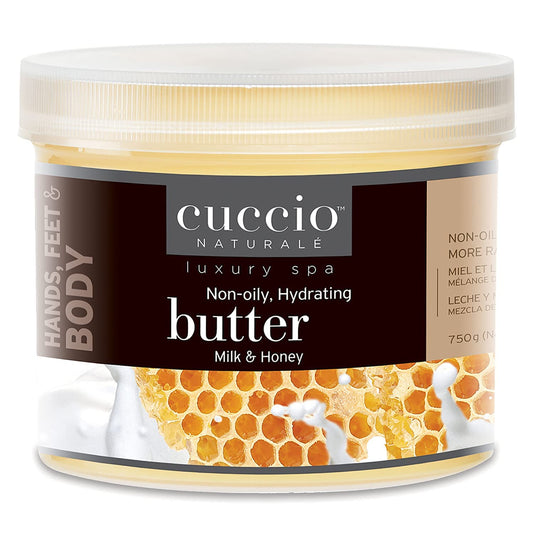 Cuccio Naturale Milk and Honey Butter Blend jar close-up, rich hydration for hands and body.