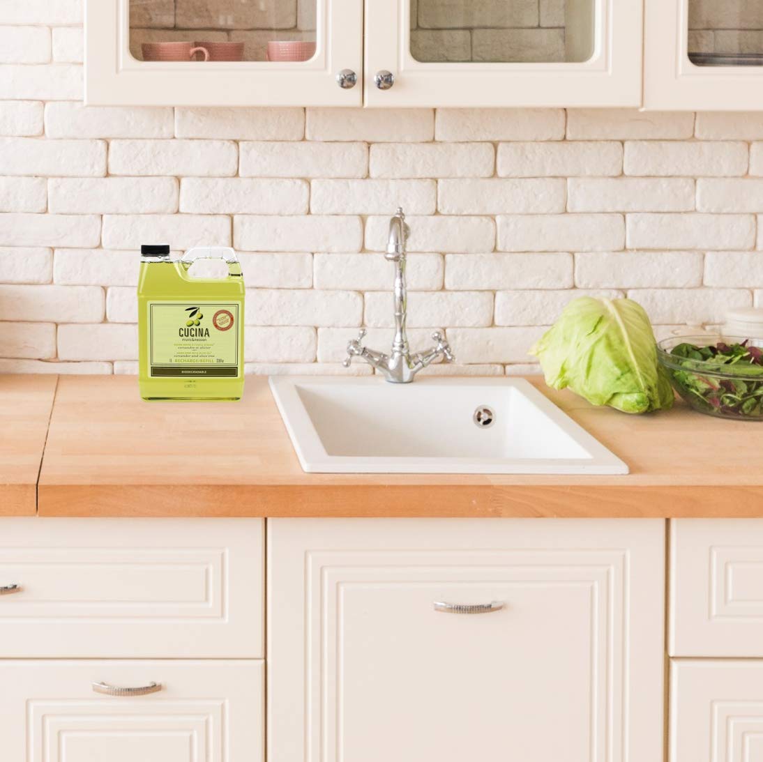 Cucina kitchen hand wash dispenser shown with coriander-olive fragrance.