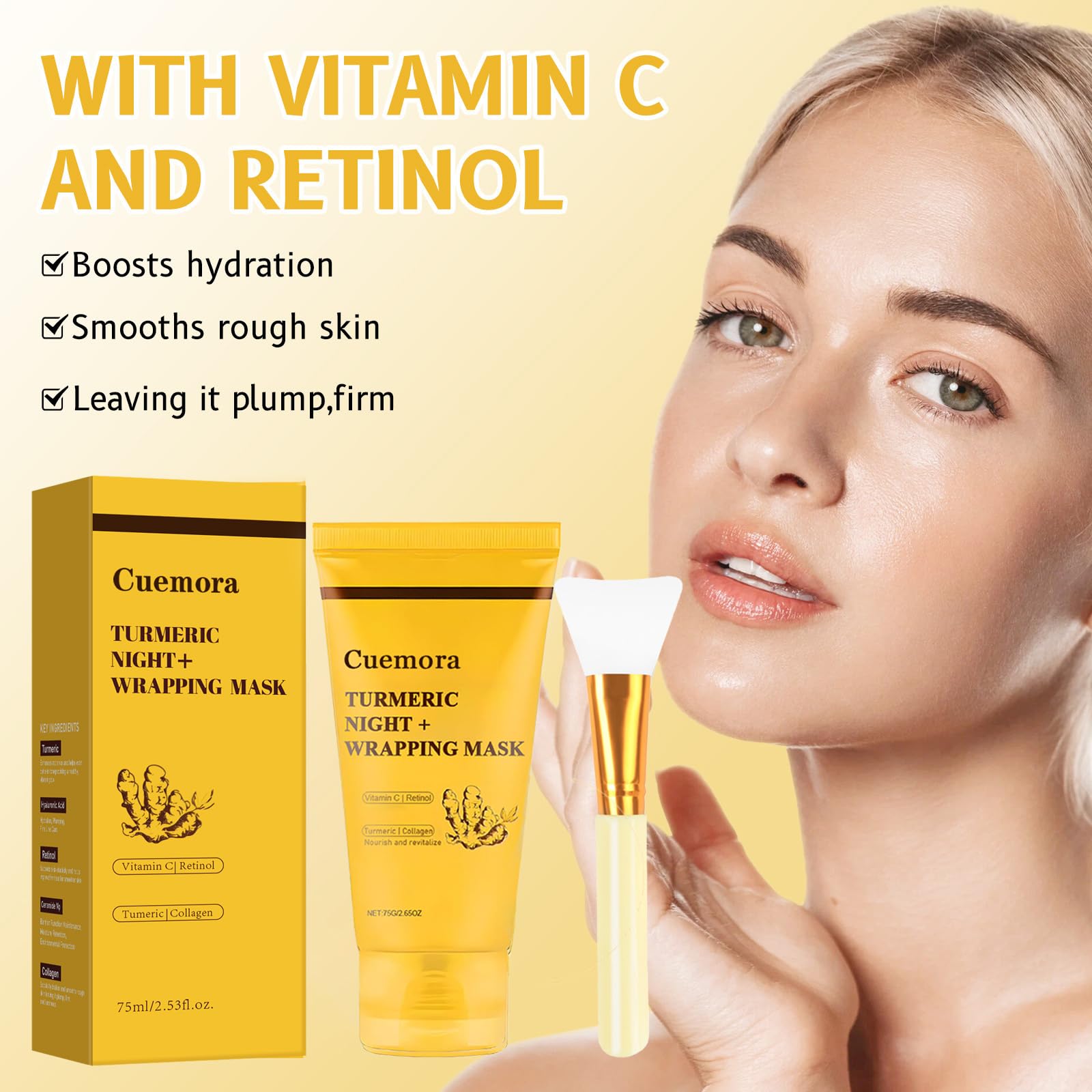 Cuemora Turmeric Overnight Mask packaging front displays key benefits.