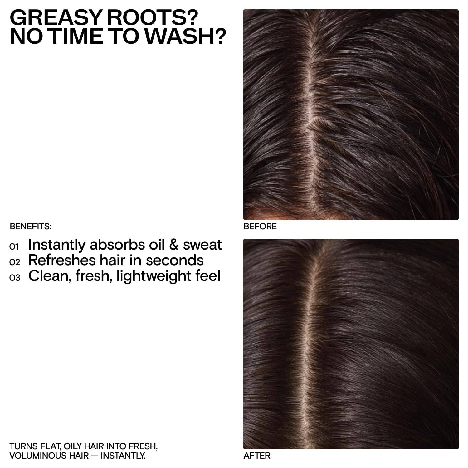 CULISE dry shampoo powder on roots absorbing excess oil for a cleaner look.