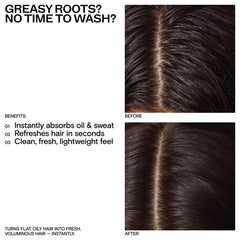 CULISE dry shampoo powder on roots absorbing excess oil for a cleaner look.