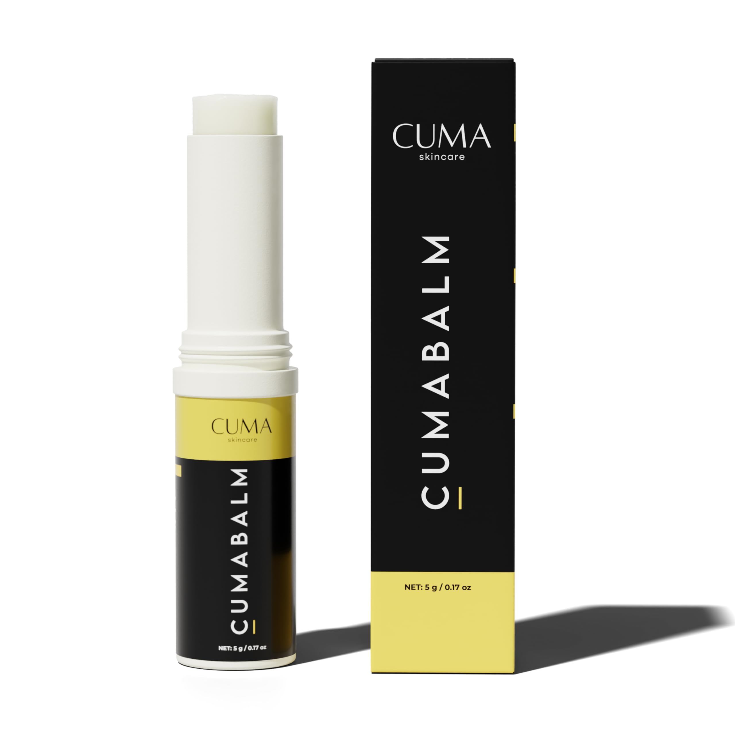 CumaBalm eye balm tube during application for a refreshed under-eye area