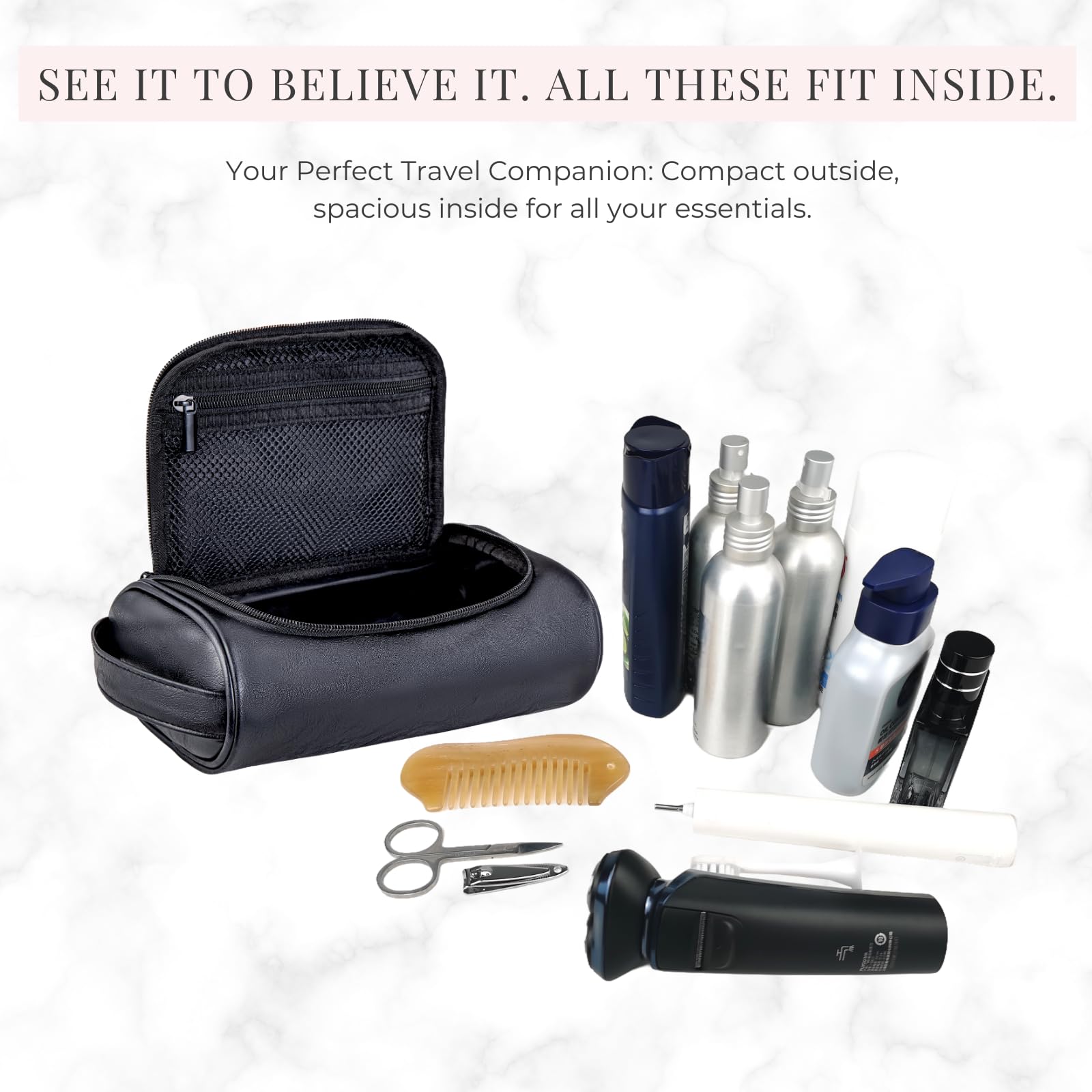 Cumbanho Mens Slim Toiletry Bag material close-up reveals durable PU leather.