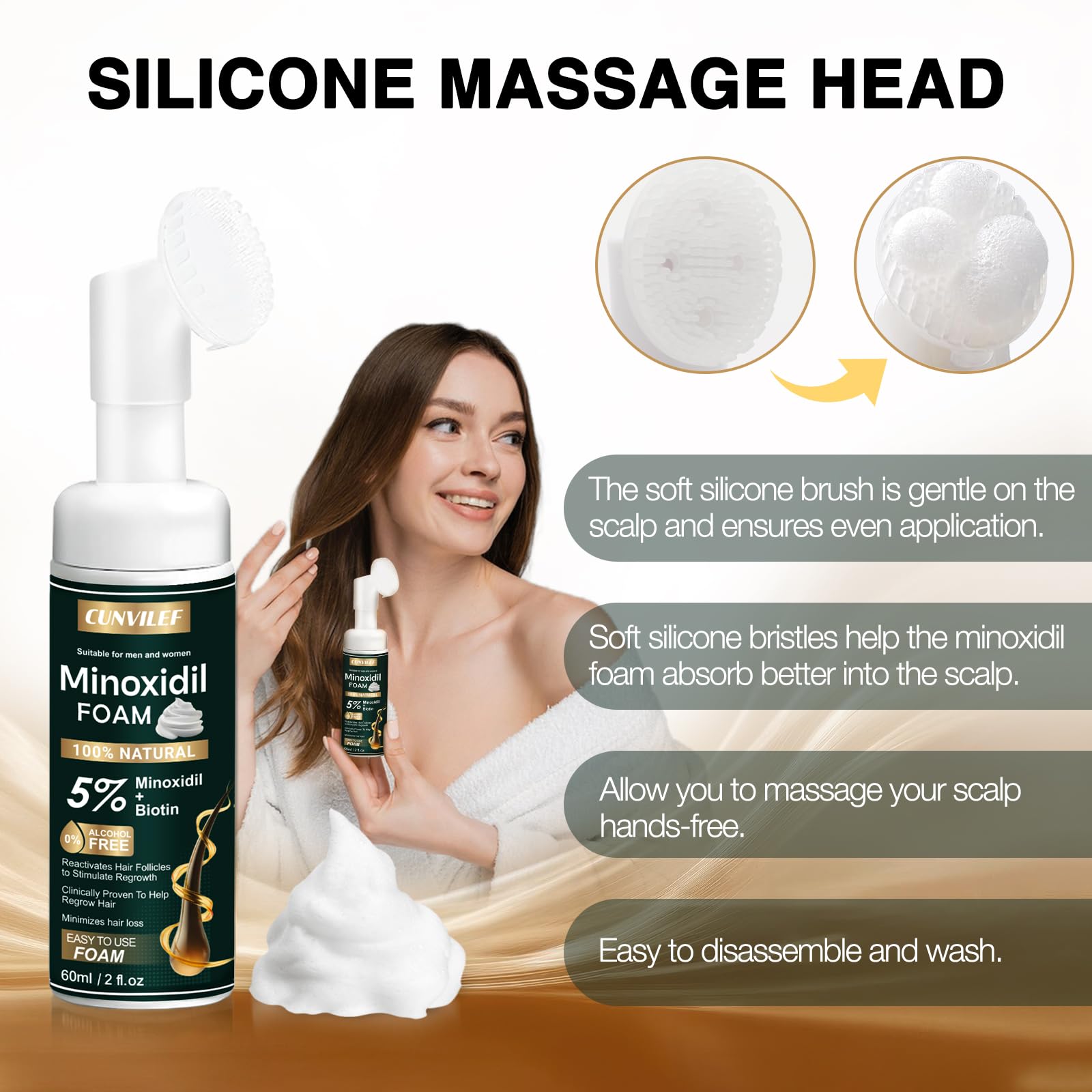 CUNVILEF 5% Minoxidil Foam application shows simple at-home use.