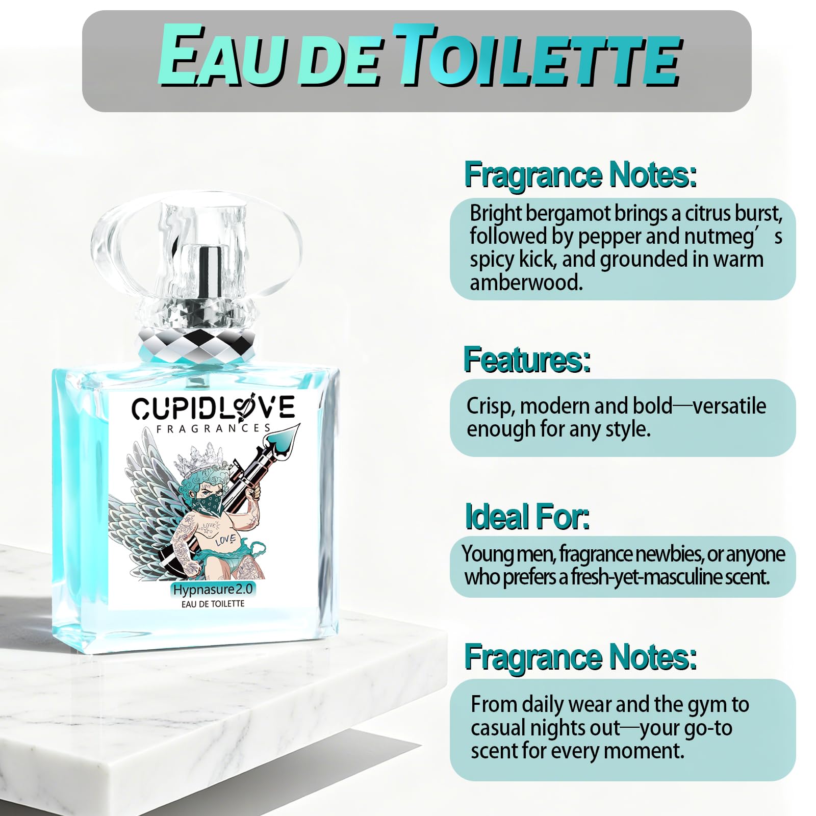 CUPIDLOVE bottle label close-up highlights bergamot and amberwood.